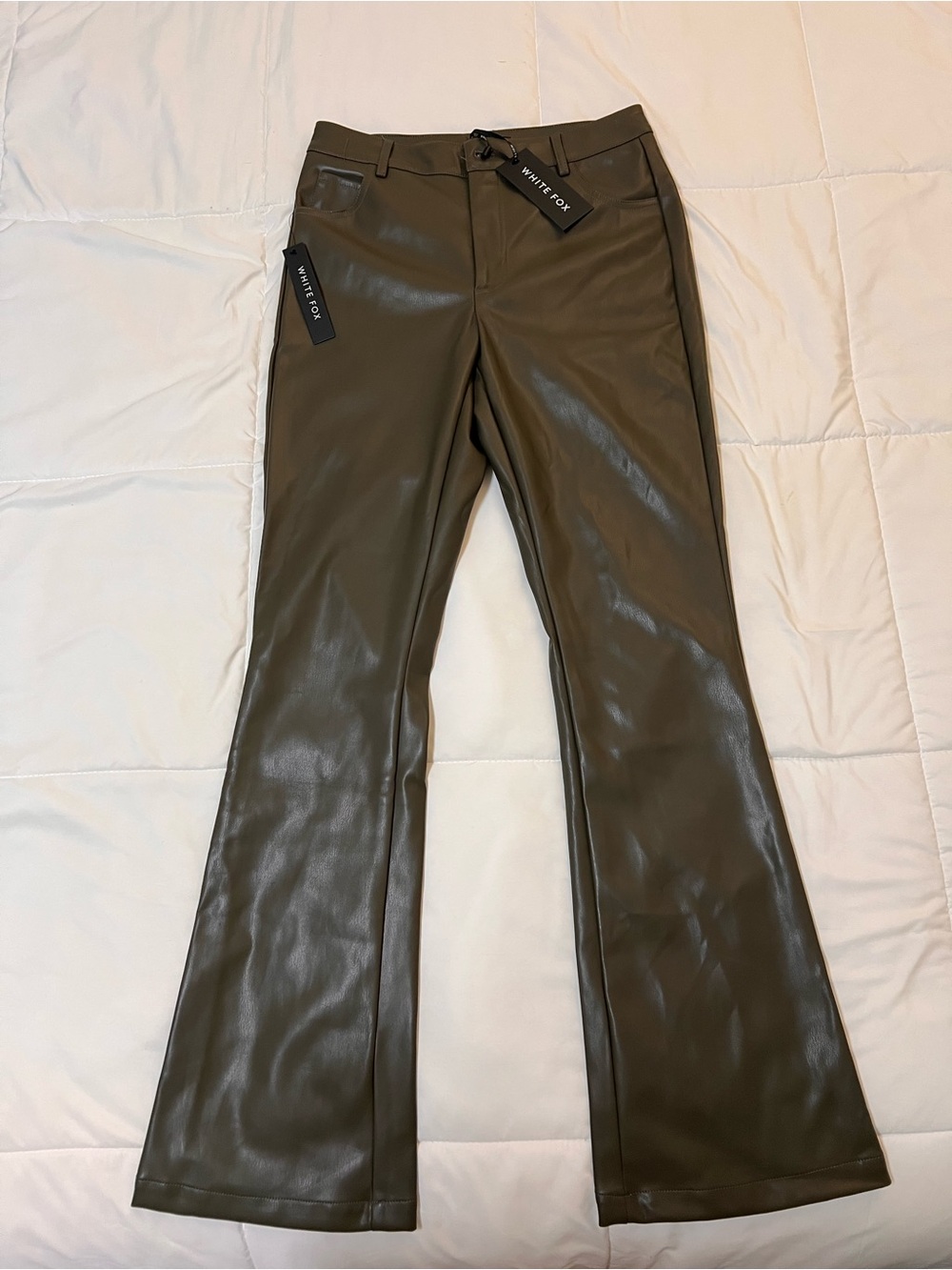 White Fox Boutique Olive Faux Leather Flare Pants